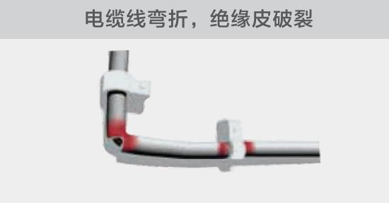 在安裝過(guò)程中，由于電線的彎曲半徑過(guò)小，或是線夾過(guò)緊，導(dǎo)致線纜絕緣皮破裂，產(chǎn)生電弧隱患