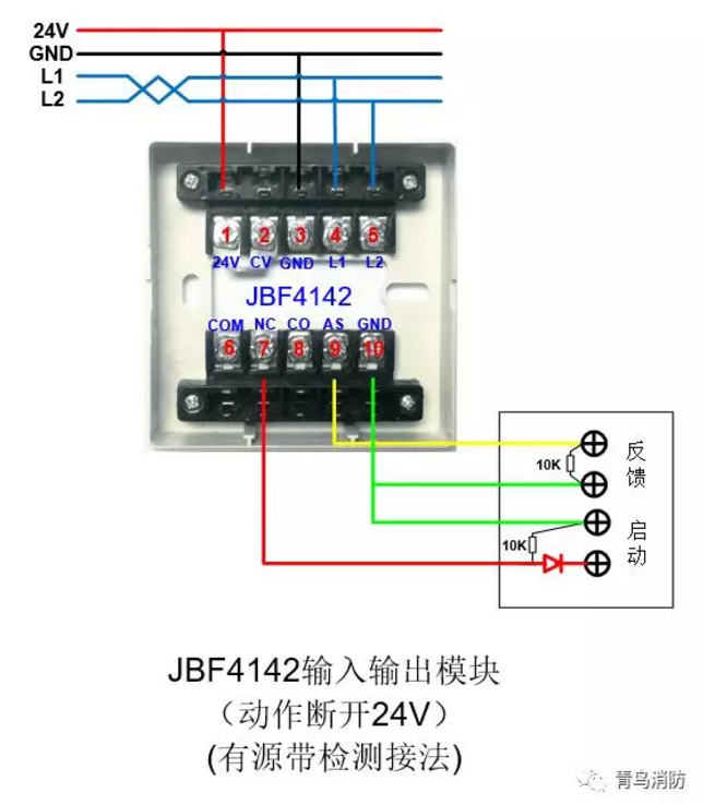 JBF4142輸入/輸出模塊動(dòng)作斷開(kāi)24V(有源有檢測(cè))接線(xiàn)圖
