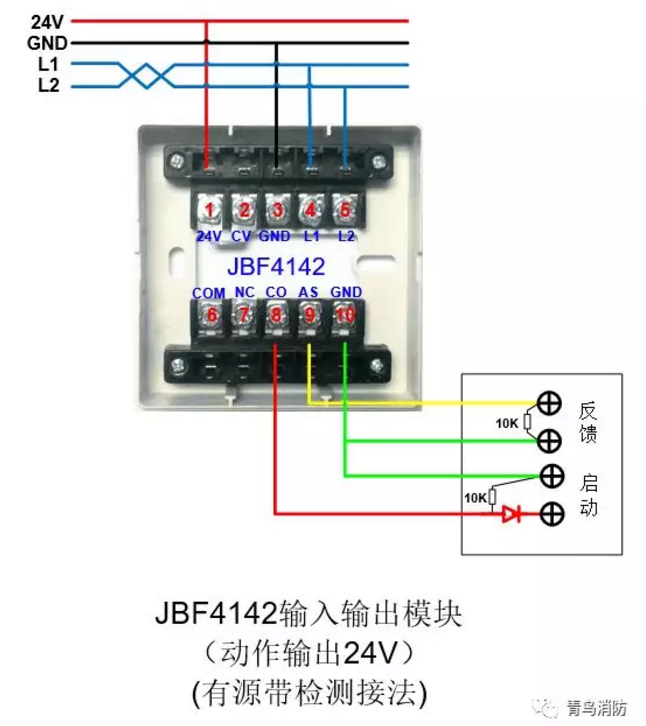 JBF4142輸入/輸出模塊動(dòng)作輸出24V(有源有檢測(cè))接線(xiàn)圖
